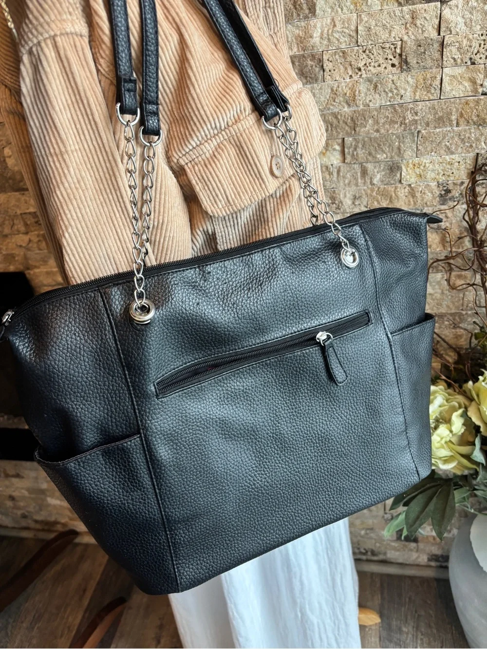 Stone Mountain Accessories Black Pebbled Tote with Chain-Strap Accents